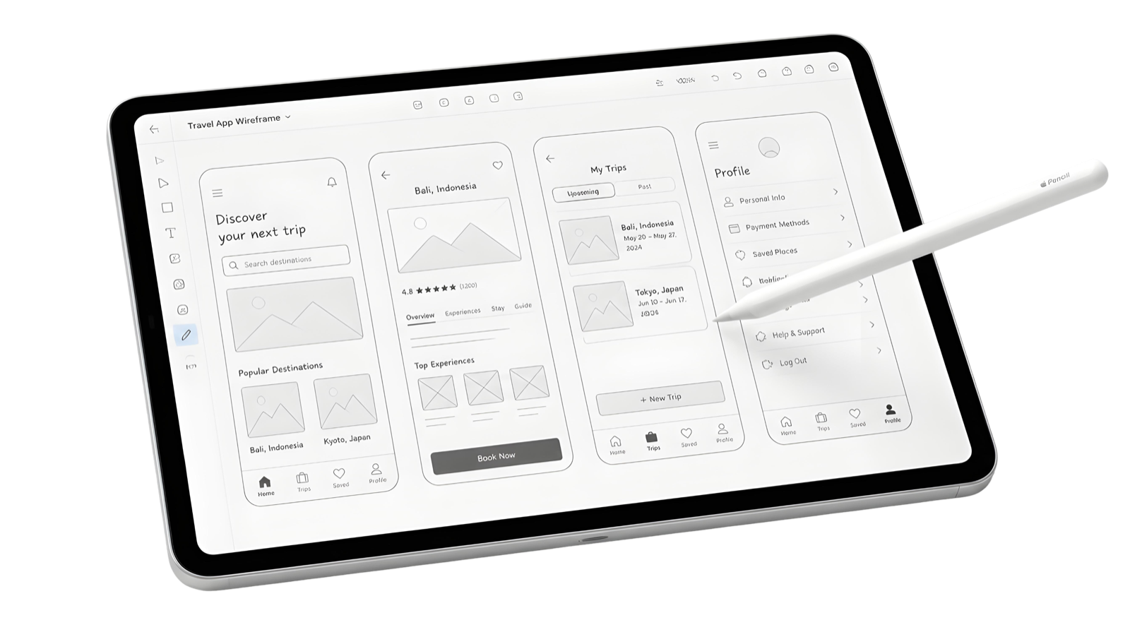 An Apple Pencil resting on an iPad, rendered as a soft white 3D illustration
